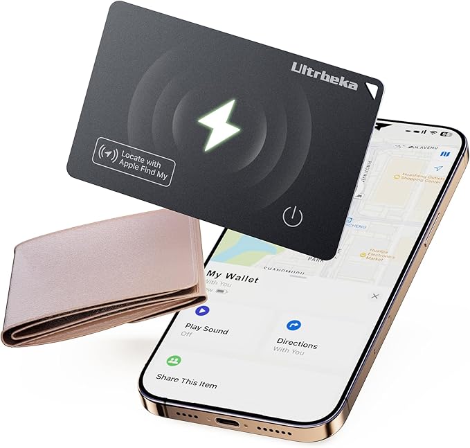 Ultra-Thin Air Tag Wallet Tracker Card 0.07in IP68 Waterproof Bluetooth Tracker for Wallets, Passport, Work with Apple Find My, Wireless Charging, Anti-Loss Card Locator [Apple MFi Certified] iOS Only