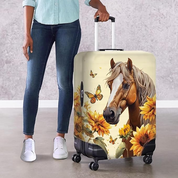 Horse Luggage Cover Universal Zip Suitcase Covers Elastic Spandex Fabric Baggage Cover Protector Butterfly Luggage Covers for Suitcase Non-Slip Baggage Case Covers(Sunflower), 30-32 Inch