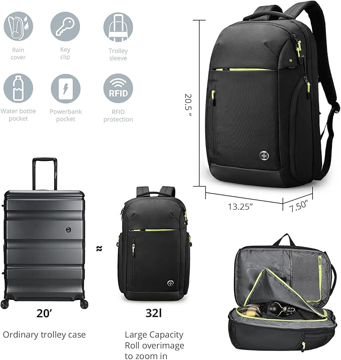 Swissdigital Design Large Travel Backpack for Men & Women,17 Inch Big Laptops Backpack with USB Charging Porert, Carry on Business Anti-thief Computer Backpack With RFID Protection, Black| JAVA