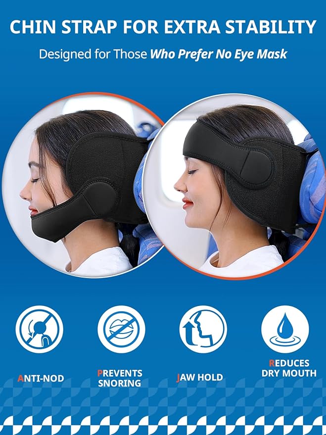 Travel Pillow Combo with Chin Strap, Airplane Pillows with 3D Eye Mask for Sleeping, 360° Support Plane Head Strap for All Plane Seats, Long Flights Essentials, Stop Bobblehead, Red