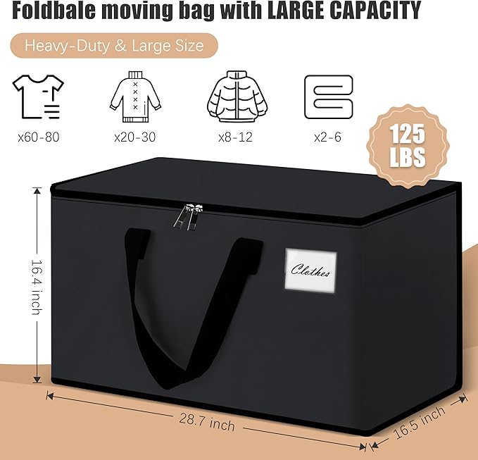 Heavy Duty Moving Bags - Extra Large Packing Bags and Storage Totes, Collapsible and Foldable Option for Moving and Storage, Black, 125 L - 12 Pack