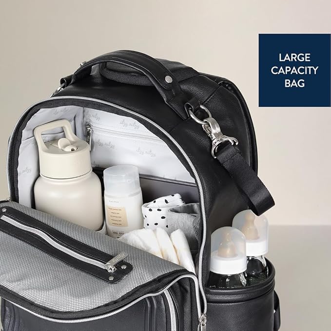 Itzy Ritzy Diaper Bag Backpack – Large Capacity Boss Plus Baby Backpack Diaper Bag Featuring 19 Pockets, Changing Pad, Stroller Clips, and Comfortable Straps (Black with Silver Hardware)