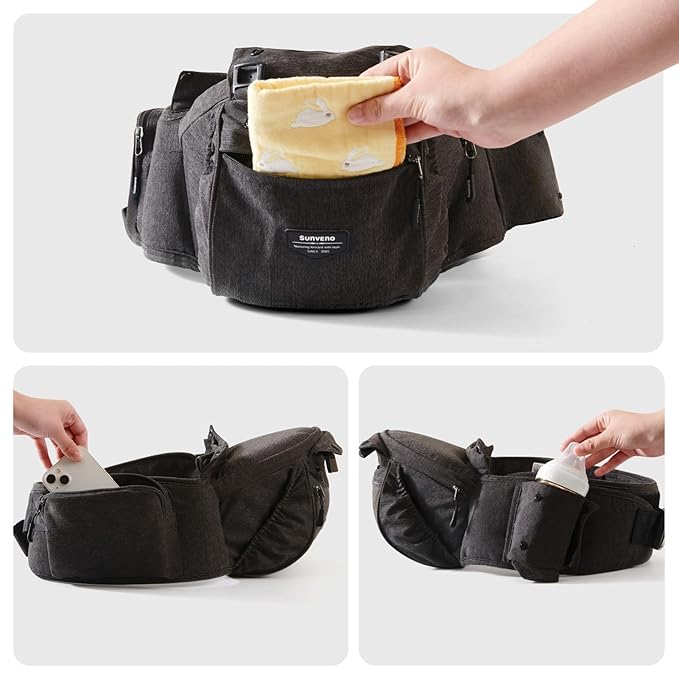 SUNVENO 3 in 1 Ergonomic Baby Carrier with Hip Seat for Newborns and Toddlers, Supports 20 lbs and Up, Waist and Back Relief with Large Weight Capacity for All Season Use,Black