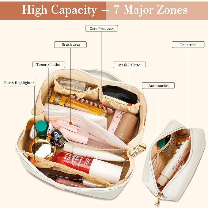 Birthday Gifts for Women Teen Girl, Personalized Initial Makeup Organizer Bag Set, Open Flat Travel Cosmetic Bag With Clear Divider and Handle(Beige,F)