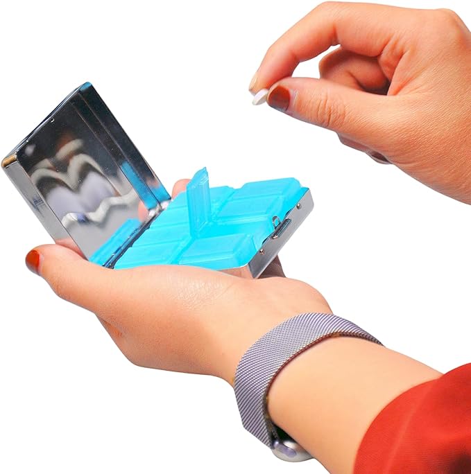 Cute and Portable Metal Pill Organizer – 8 Compartments, Elegant Chrome Finish, Ideal for Travel and Daily Use (Chill Pills Fun)