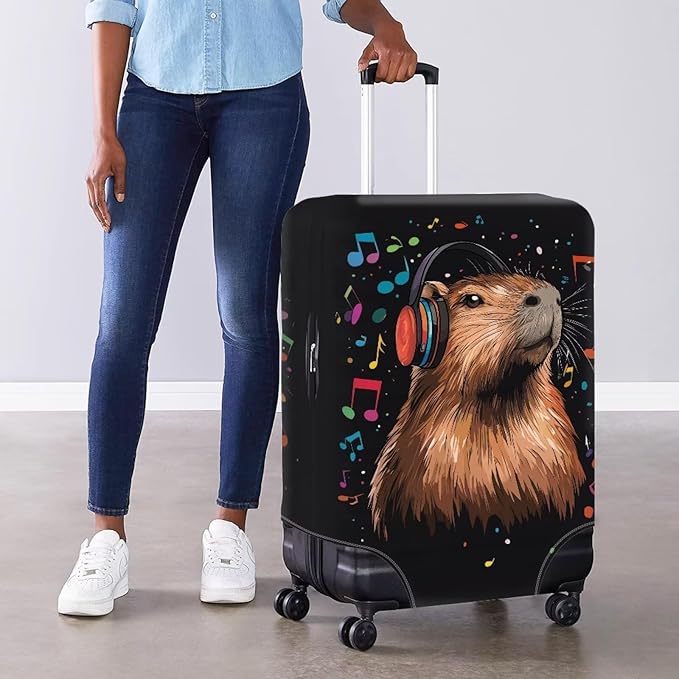 Capybara Luggage Cover Fits 22-25 Inch Luggage Anti-Scratch Spandex Zipper Suitcase Cover Protector Washable Stretchable Travel Baggage Case Cute Travel Essential, Music Note, Size M