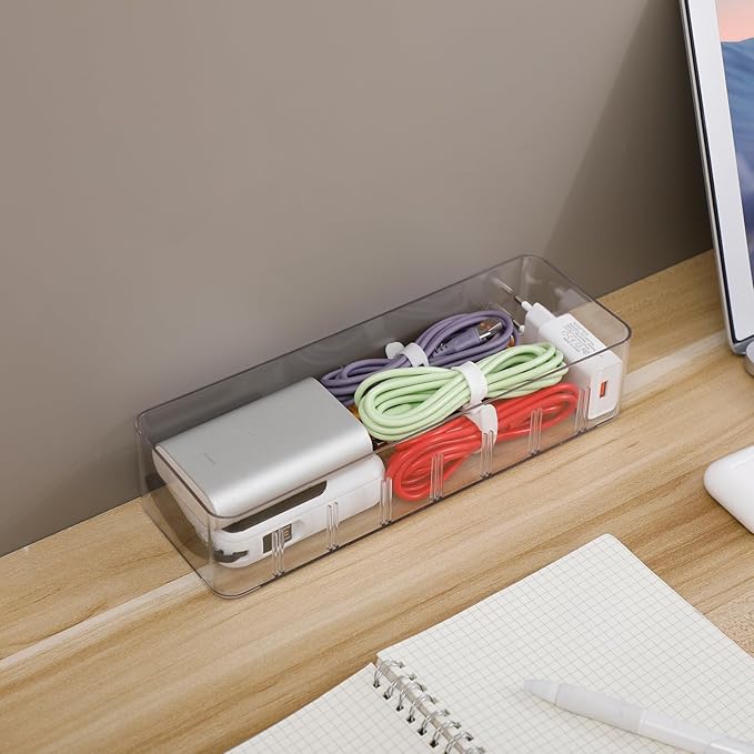 Yesesion 4 Pack Cord Organizer Box with 40pcs Wire Ties, Plastic Charger Storage Case with Adjustable Dividers for Desk Drawer, Home Office Supplies, Stationery, Data Cable, USB, Battery Holder