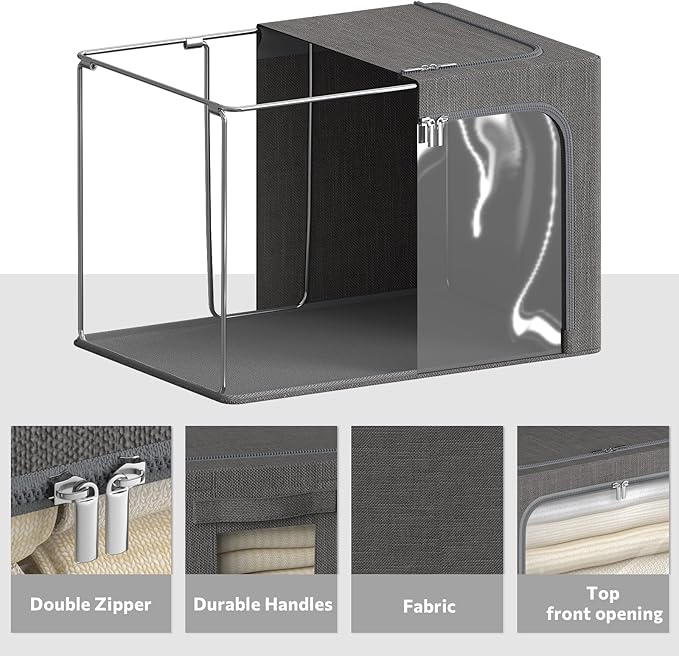 4 Pack Clothes Storage Bins with Metal Frame - Linen Fabric Foldable Stackable Container Organizer Set with Clear Window & Carry Handles & Zippers (Dark Gray, 15.7"x11.8"x7.8")