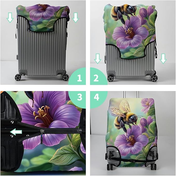 Luggage Cover + Tag, Bee Purple Flowers Travel Suitcase Cover for 18-20 inch Luggage (S) with Concealed Zipper, Washable Elastic Cloth, Dustproof, Anti-Scratch