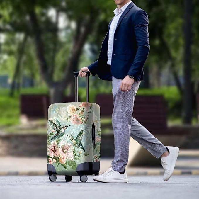 Hummingbird Luggage Cover for Women Travel Luggage Covers for Suitcase Elastic Spandex Suitcase Covers Protector with Zipper Flower Suitcase Covers for Luggage Fit 18-21 Inch