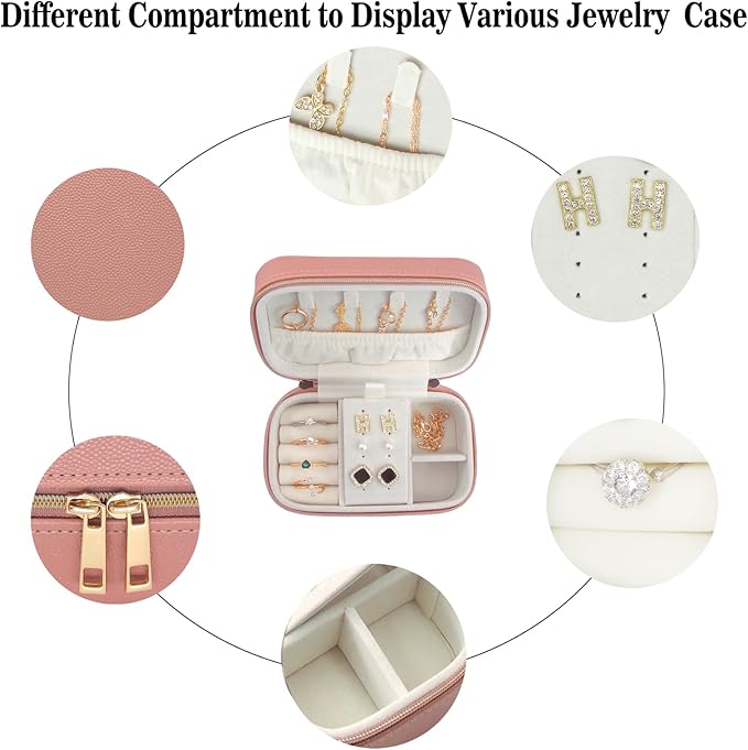 Travel Jewelry Case Bulk Of 2 For Women Weekend,Gold Zip, PU Leather Compact Jewelry Organizer For Earring Bracelets Pink Travel Jewelry Box Set Perfect For Small Bridesmaid Jewelry Box Gift