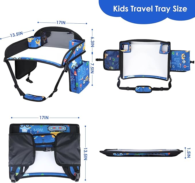Kids Travel Tray for Airplane - Toddler Car Seat Table Tray, Road Trip Essentials for Boys & Girls, Carseat Lap Desk for Kids Road Trip Activities (Dark Blue Car)