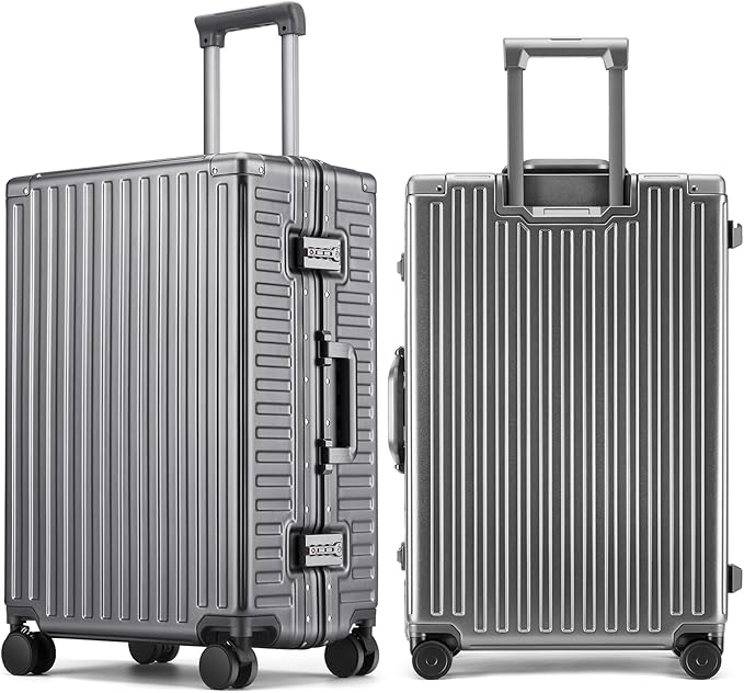 ROAMING Zipperless Luggage 22 Inch with Aluminum Frame, Polycarbonate Trunk-Medium Lightweight Hard Shell Suitcase with Spinner Wheels, Metal Travel Luggage with Double Tsa Locks, gray