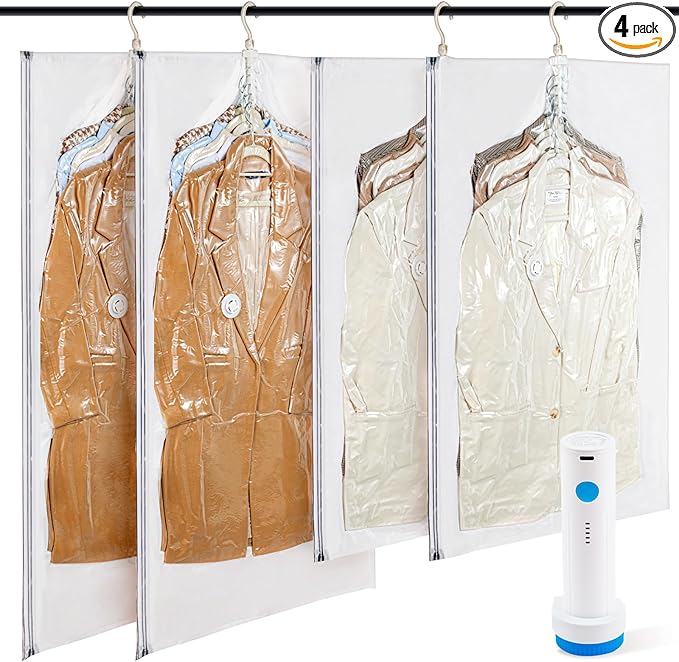 Hanging Vacuum Storage Bags with Electric Pump – 4-Pack Hanging Vacuum Seal Bags for Clothing, Space-Saving Compression Bags for Suits, Jackets, Travel Wear, Winter Coats & Outerwear