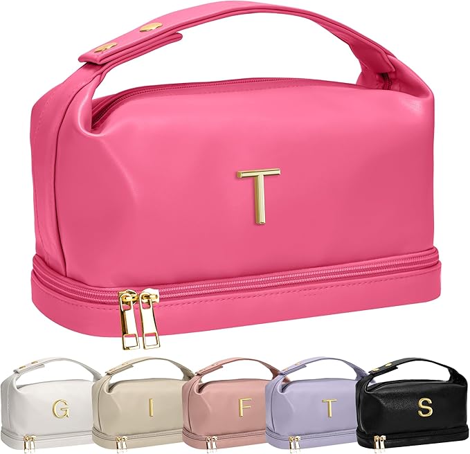 Gifts for Preteeens Girls, Personalized Makeup Bag with Handle, Initial Double Layer Cosmetic Bag with Makeup Brush Organizer, Cute Cosmetic Pouch for Women, Gifts for Friends Female Niece