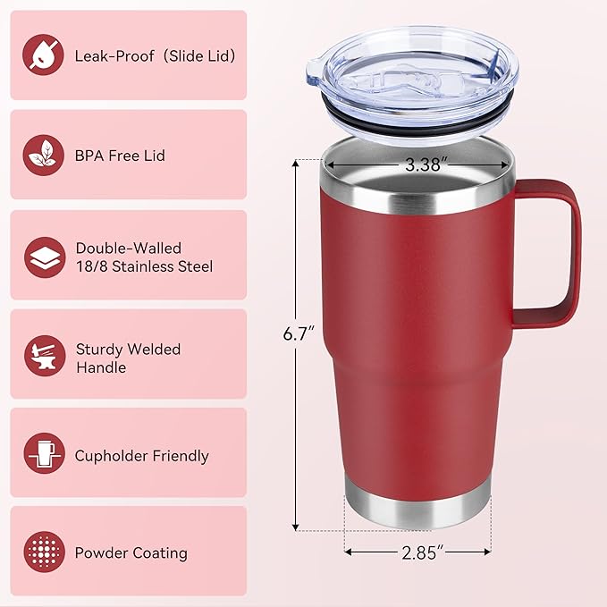 HASLE OUTFITTERS 20oz Tumbler Bulk with Lid, Stainless Steel Tumbler Bulk with Handle, Metal Insulated Travel Coffee Mug Set with Handle, Double Wall Vacuum Leak Proof Tumbler Cup, Red 12 Pack