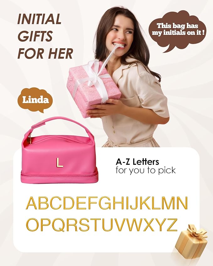 Birthday Gifts for Wife, Personalized Makeup Bag with Handle, Initial Gifts for Her Cosmetic Bag with Makeup Brush Organizer, Cute Cosmetic Pouch for Women, Gifts for Niece Female Mom