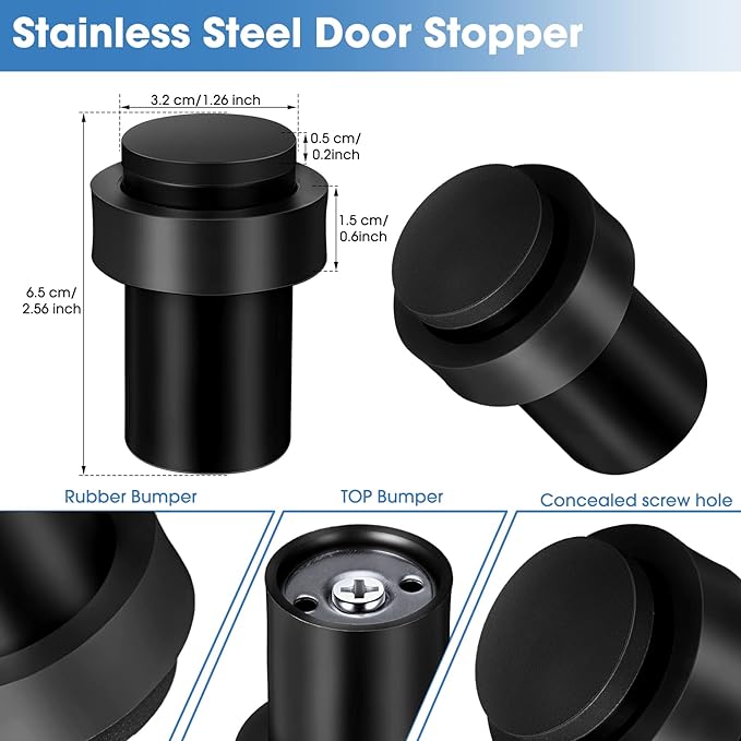 Chumia 10 Pcs Door Stopper Mounted Floor Stops Stainless Steel Cylindrical Stopper Modern Decorative Rubber Bumper Stops Holder Wall Protector for Bottom or Top of Door (Black)