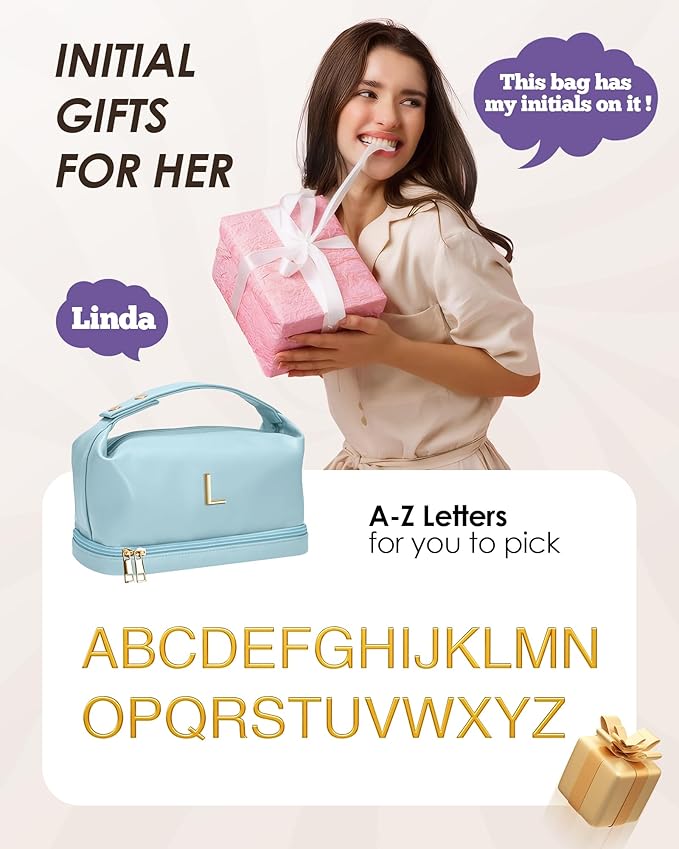 Easter Gifts for Girl, Makeup Bag for Teens 16-18, Personalized Makeup Bag with Handle, Initial Double Layer Cosmetic Bag with Makeup Brush Organizer, Teacher Gifts, Gifts for Friends Mom