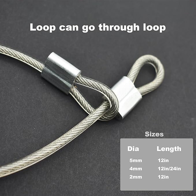 10 Pcs 5mm Wire 12 inch Vinyl Coated Stainless Steel Cable with Loops Short Wire Rope Lanyard Lock Security Chain Link for Outdoor Gates, Clear(5mm x 12 inch)