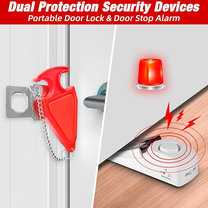 Portable Door Stop Alarm and Traveling Hotel Door Lock, No Installation Required, Provides Double Security for Home, Hotel and Traveling (2 Door Lock + 3 Door Stop)