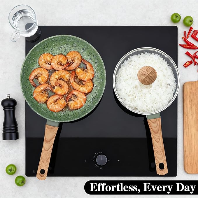 Nonstick Cookware Set, 2-Piece Non-Toxic Coated 10.25 Inch Frying Pan & Saucepan with Lid, PFOA Free Dishwasher Safe, Induction Compatible, Beginner Kitchen Pots and Pans Set, Green