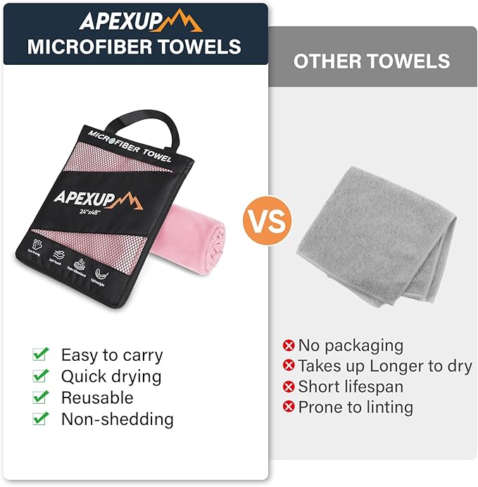 APEXUP Microfiber Travel Towel, Ultra Absorbent Quick Dry Towels, Lightweight Gym Sports Camping Towel for Workout, Yoga, Beach, Shower, Swimming (72"×40", Pale Rose)