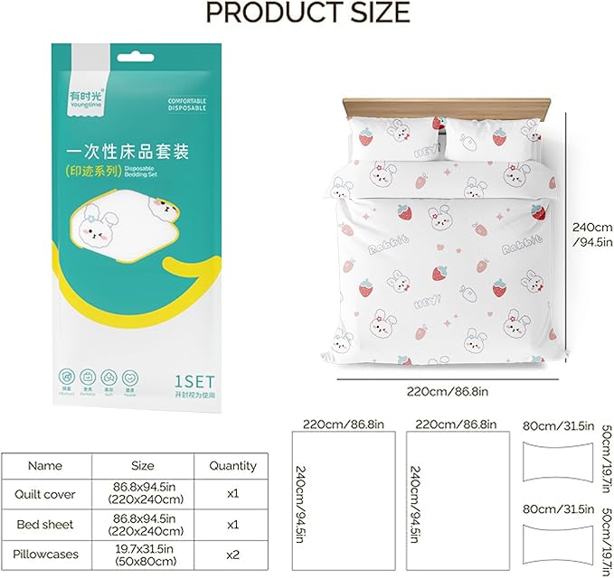 YOUNGTIME Disposable Bed Sheets, Quilt Cover and Pillow case Set for Hotel and Travel,Portable Ready to use Bedding Set Travel 4-Piece Double,Rabbit,2 Pack