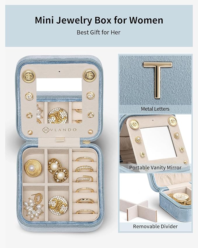 Vlando Mom Gifts for Women, Travel Jewelry Case for Mother Gifts, Travel Gifts for Mother Mom from Daughters, Travel Essentials Small Jewelry Box, Jewelry Travel Organizer - Letter T, Blue