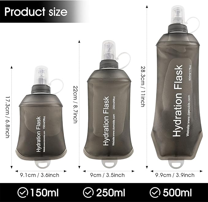 GYGYL Soft Flask, TPU Collapsible Soft Water Bottle for Hydration Pack, Running Vest, Leak-Proof Folding Water Bottle for Hiking Cycling Climbing Jogging-150ml Grey