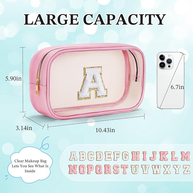 YOOLIFE Initial Travel Essentials Makeup Bag, Make Up Bag Skin Care Clear Toiletry Bag Pouch Cosmetic Bag Case Large Makeup Bag Personalized Pink Birthday Gifts for Women Teacher Mom Teen Friends V