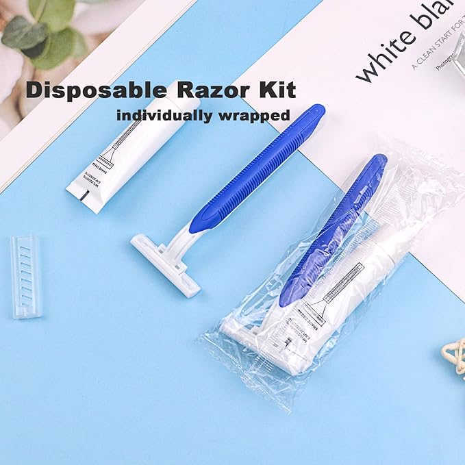 Disposable Razors in Bulk Pack of 120,Blue Disposable Shaving Razors Individual Wrapped Twin Blade Bulk Disposable Razors with Clear Cap and 10g Shaving Cream for Homeless,Hotel,Travel,Charity,Shelter