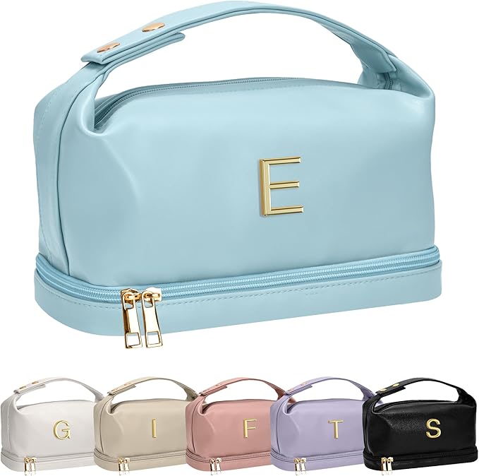 Easter Gifts for Girl, Makeup Bag for Teens 16-18, Personalized Makeup Bag with Handle, Initial Double Layer Cosmetic Bag with Makeup Brush Organizer, Teacher Gifts, Gifts for Friends Mom