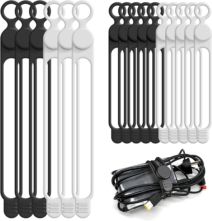 Nearockle Silicone Cable Ties Cord Organizer Cable Management, 16Pcs 4.2" and 7.1" Reusable Cable Organizer Electronic Accessories for Home, Office, Kitchen, School, Travel(Black&White)