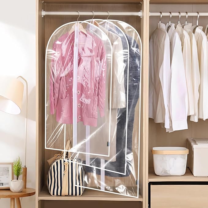 BALEINE 60'' Clear Garment Bags, 12 Packs PEVA Dress Bag for Closet Clothes Dresses Suit Coats Storage (Clear, 12PK)
