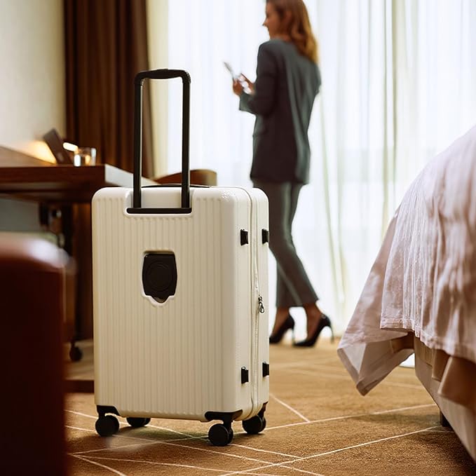 24 Inch Top Opening Checked Travel Luggage Expandable with Spinner Wheels,All PC Hard Shell Hardside Lightweight Medium Suitcase with TSA Approved Cup Holder for Business Trips Woman Men,White