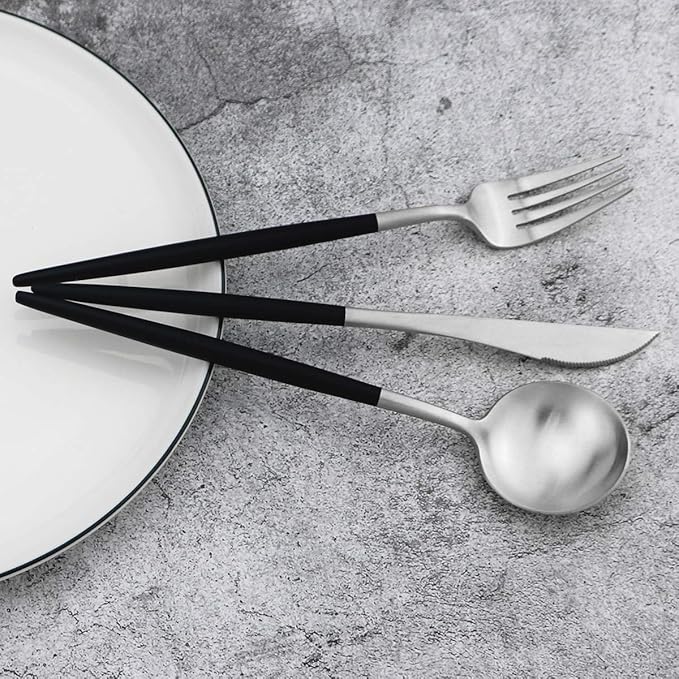 Gugrida Black Handle Matte Silver Silverware Set - 5-Piece 18/10 Stainless Steel Satin Finish Flatware, Kitchen Utensils, Tableware Travel Cutlery for Camping Office Lunch - Dishwasher Safe