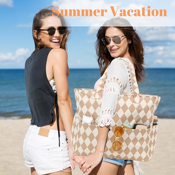 LEDAOU Large Beach Tote Bag Women Waterproof Sandproof Zipper Beach Tote Bag for Pool Gym Grocery Travel with Wet Pocket