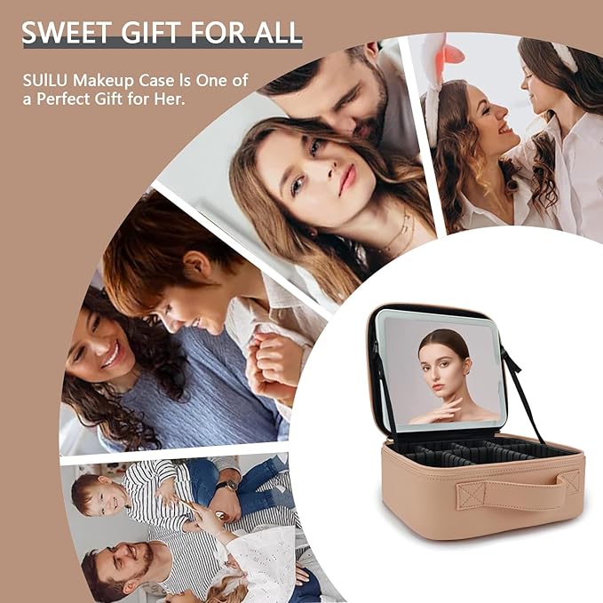 Makeup Bag with Led Mirror,Travel Makeup Organizer with 3 Color Setting & 10X Magnifying Mirror, Portable Storage and Adjustable Dividers Travel Makeup Bag-khaki