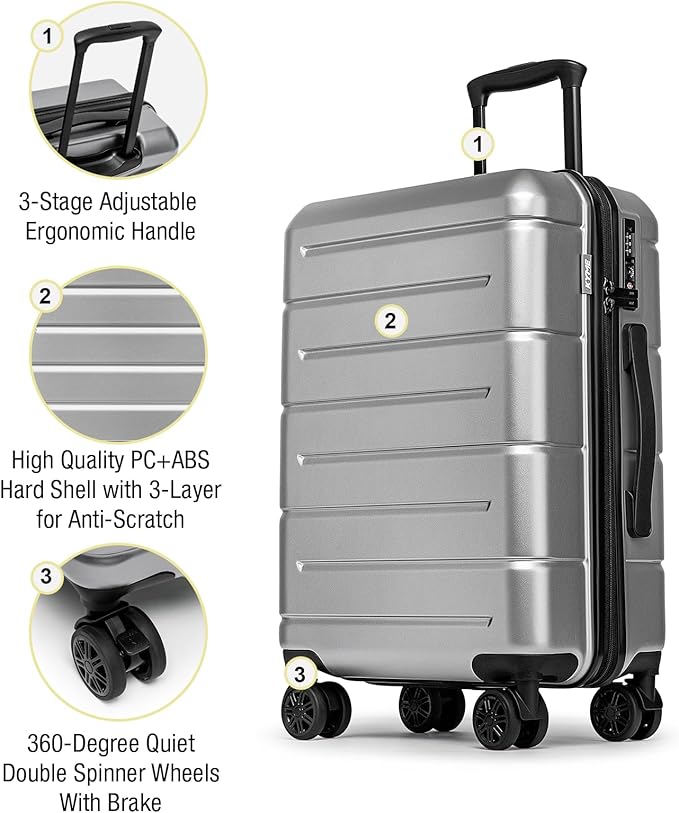 KYME Suitcases with Wheels Hardshell 26 Inch Luggage with TSA Lock Durable Medium Checked Travel Rolling Luggage with Cup Holder for Women Men Silver Grey