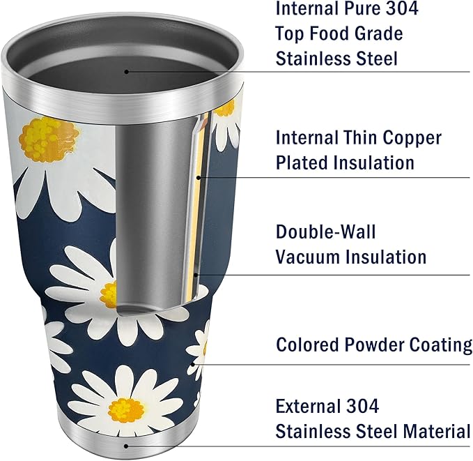 WETOWETO 30oz Tumbler, Stainless Steel Vacuum Insulated Water Coffee Tumbler Cup, Double Wall Powder Coated Spill-Proof Travel Mug Thermal Cup for Home Outdoor (Daisy Flower, 1 Pack)