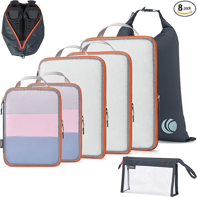 Cipway Compression Packing Cubes Mesh, Lightweight Luggage Organizer Bags with Laundry Bag, Toiletries Bag and Shoe Bag, Travel Essentials for Carry on Suitcase（8 Pcs,Grey）