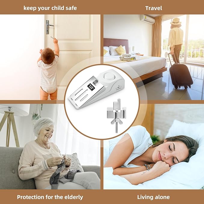 2 Pack 120dB Travel Door Stopper Alarm & Portable Door Lock, 3-Level Sensitivity Adjustable Travel Security Wedge for Hotel Home Apartment Dorm