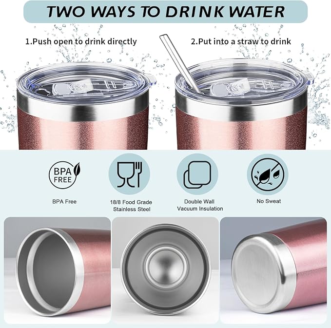 20oz Tumbler with Straw and Brush, Stainless Steel Vacuum Insulated tumbler, Double Wall Insulated Coffee Tumbler for Outdoor, Home, Travel,Office (Rose Gold,1pcs)
