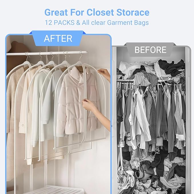 Garment Bags for Hanging Clothes 24'' x 54'' (Set of 12) Coat Covers for Closet Foldable Washable Dress Bags for Hanging Clothes for Long Dress Dance Costumes Suits Gowns Coats