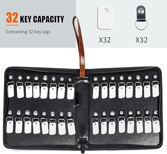 Portable Zippered Key Case, Leather Key Organizer with Handle, 32 Key Capacity, for Real Estate Sales, Hotel Executives, Car Service (Black)