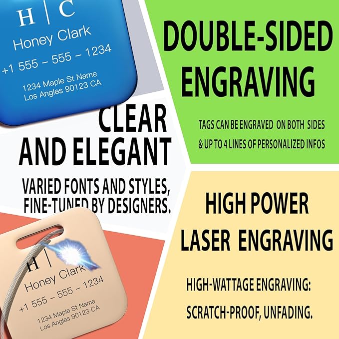 Stainless Luggage Tags for Suitcases 4 Pack: Metal Personalized Luggage Tags for Backpacks & Bags with Customizable Texts (Blue)