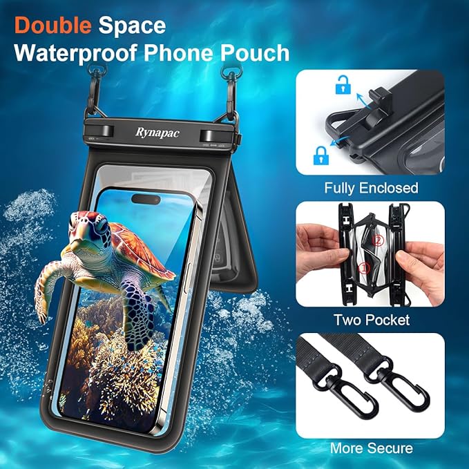 Double Space Waterproof Phone Pouch, 2 Pack Waterproof Phone Case with Lanyard for iPhone 15 Pro Max Galaxy S23 Pixel 7a up to 8.5’’, Cellphone Dry Bag for Beach Vacation (Black+Black)