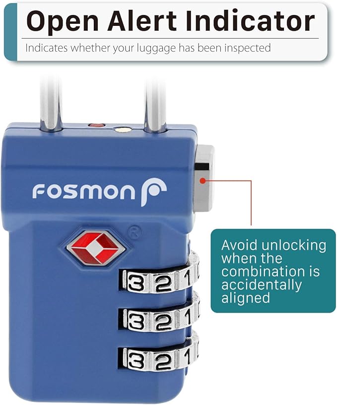 Fosmon TSA Approved Luggage Locks, Suitcase Travel Lock with Push Release Button for Extra Security, 3 Digit Combination Padlock for Gym Locker, Backpack Zipper Anti Theft, Gun Case - Blue, 2 Pack