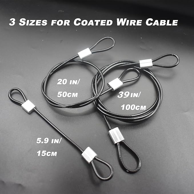 6 pcs 39 inch (100cm) 3mm Thickness Stainless Steel Wire Cable with Loops Vinyl Cover Coated Short Rope Lanyard Lock Safety Tether Chains, Black